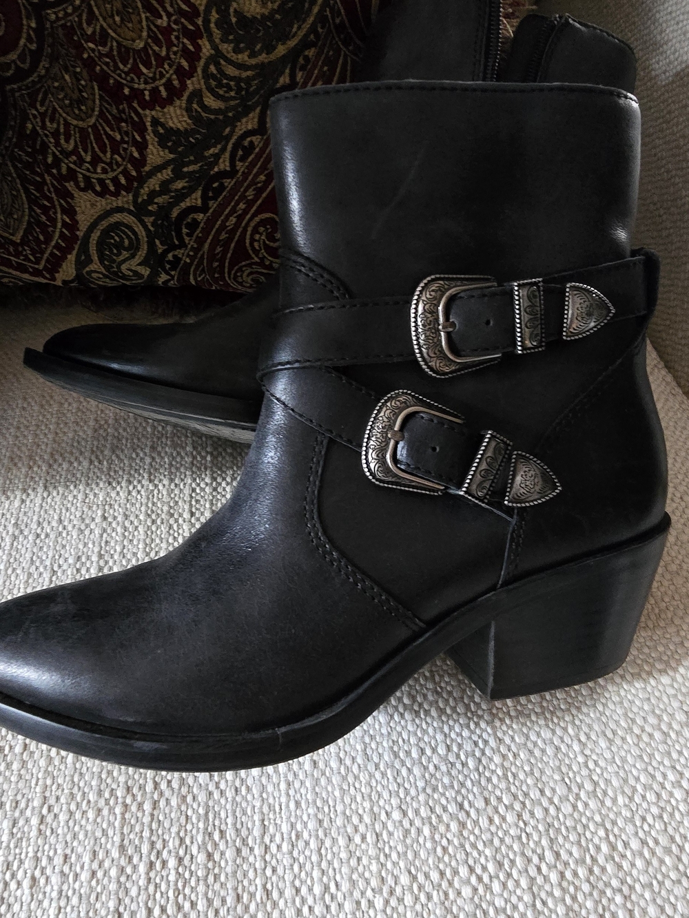 Patricia Nash Black Leather Buckle Western Ankle Boots